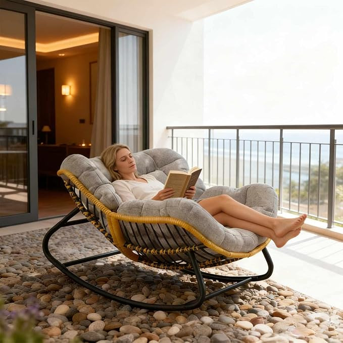 Mecedora Papasan de gran tamaño con cojín grueso, silla de mimbre de mimbre para interiores y e... | Amazon (US)