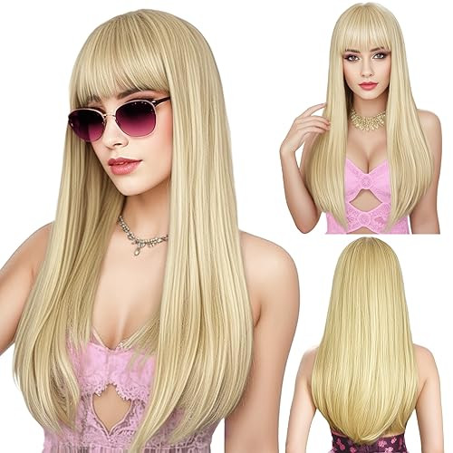 ENTRANCED STYLES Blonde Wig with Bangs, Long Straight Wigs for Women Natural Hair Wigs Synthetic Blonde Wigs for Girls Daily Party Halloween Cosplay Wig 22 Inch | Amazon (US)
