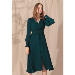 Satin Button Down Wrap Midi Dress in Dark Green | Chicwish