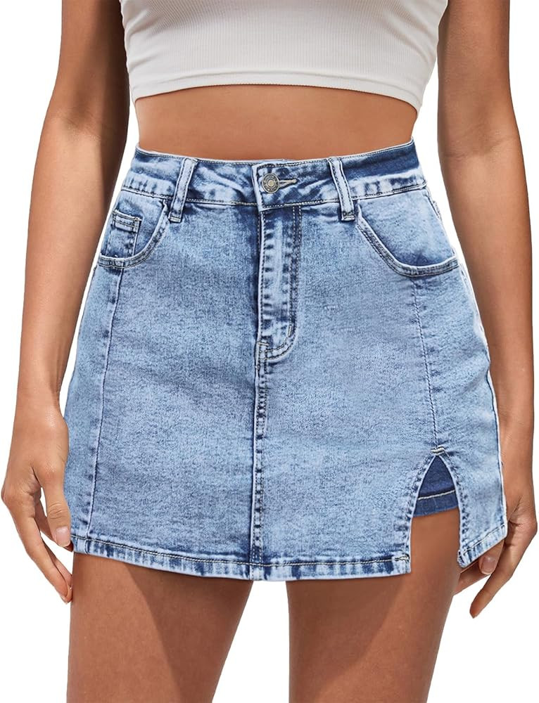 Vetinee Jean Skorts for Woman High Waisted Trendy Slit Stretchy Denim Skirt with Shorts Y2K Casua... | Amazon (US)