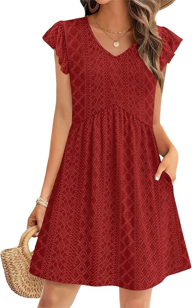 OFEEFAN Summer Dresses for Women Beach Vacation Clothes V Neck Ruffle Sleeve Babydoll Dress Elega... | Amazon (US)