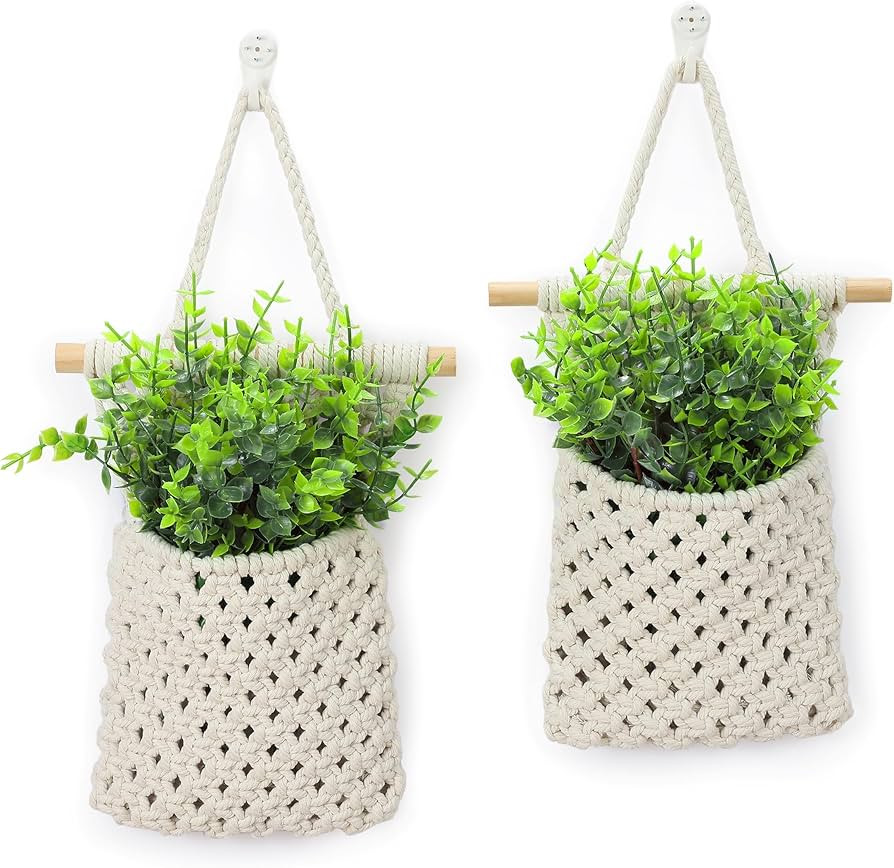 Shineloha 2 Packs Macrame Wall Planters with Artificial Eucalyptus | Macrame Plant Hanger, Wall P... | Amazon (US)