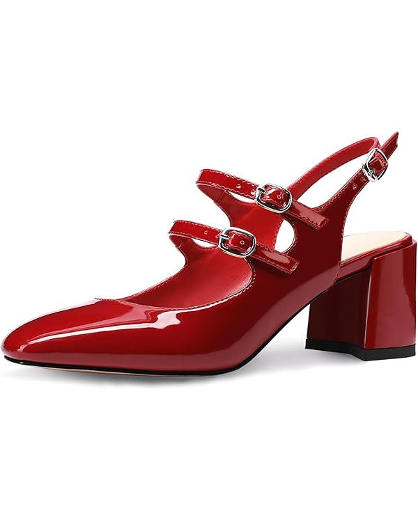 MIRAAZZURRA Women Mary Janes Pumps Chunky Heel Round Toe Strappy Pumps with Adjustable Buckle | Amazon (US)