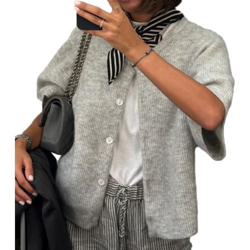 Women Y2k Knitted Crop Cardigan Short Sleeve Button Up Rib Knit Solid Color Cute Sweater Shirt (US, Alpha, Small, Regular, Regular, Grey) | Amazon (US)