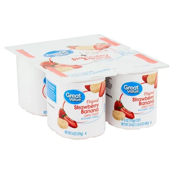 Great Value Original Strawberry Banana Lowfat Yogurt, 6 oz Cups, 4 Count - Walmart.com | Walmart (US)