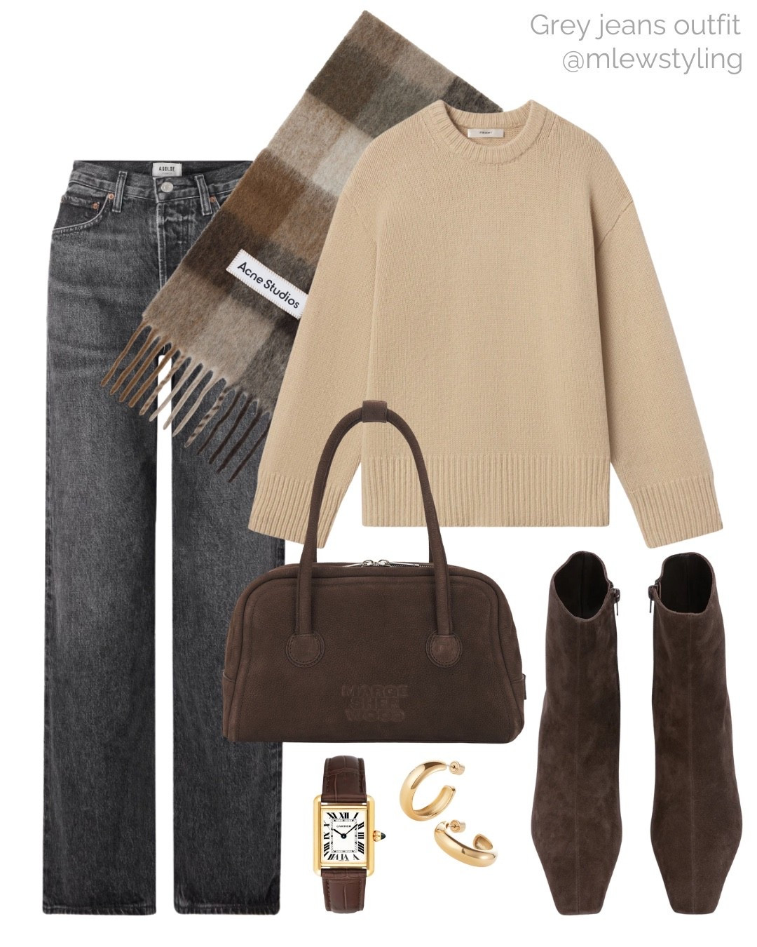 Elevated winter outfit with grey jeans 🤎

Tags: agolde denim, brown suede ankle boots, crewneck sweater,
Acne plaid scarf, brown suede tote bag, Jenny bird gold hoop earrings, chic fall outfit, capsule wardrobe 

#LTKShoeCrush #LTKItBag #LTKStyleTip