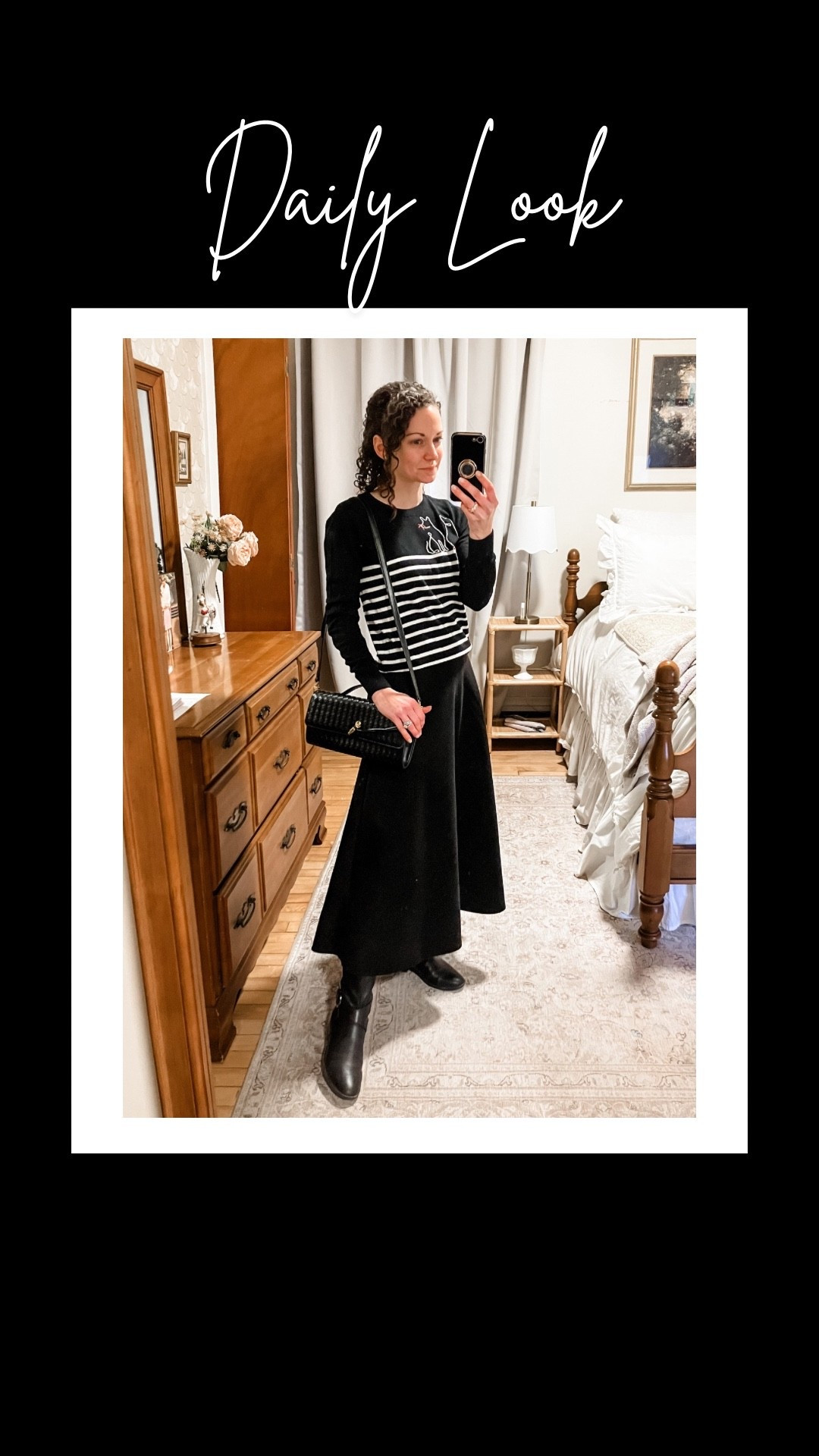 A black and white inspired Parisian outfit!
Black and white striped sweater is old from Loft, linking similar. 
Black winter weight skirt is from Amazon. 
Faux large pearl stud earrings from Kate Spade. 
Black woven handbag from Chicwish. 
Black leather riding boots are old for Naturalizer, linking similar. 
Petite outfit. Modest outfit. Parisian outfit. Classic outfit  

#LTKdayinmylife #LTKmomlife #LTKootd