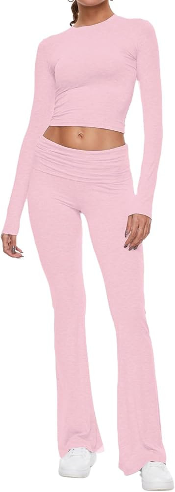 AnotherChill Women's 2 Piece Lounge Sets Fold-over Flare Pants Set Long Sleeve Cropped Top Casual... | Amazon (US)