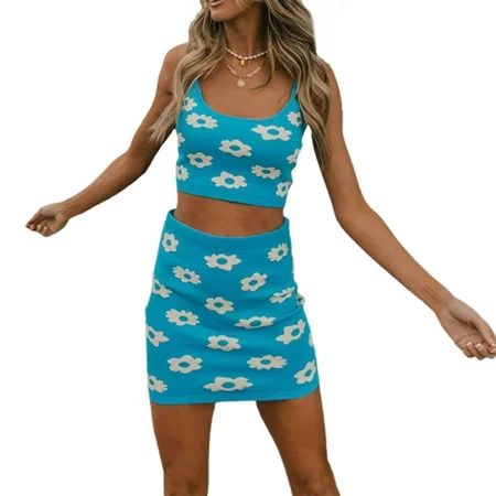 Women 2pc Outfits Sleeveless Bodycon Knit Mini Skirt Set Slim Fit Crop Camis Short Dress Sets Summer | Walmart (US)