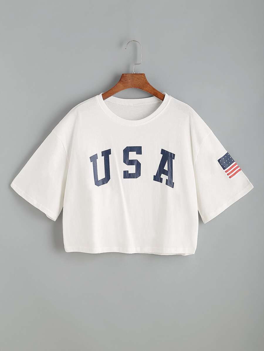 USA Flag Print Drop Shoulder Crop Tee | SHEIN