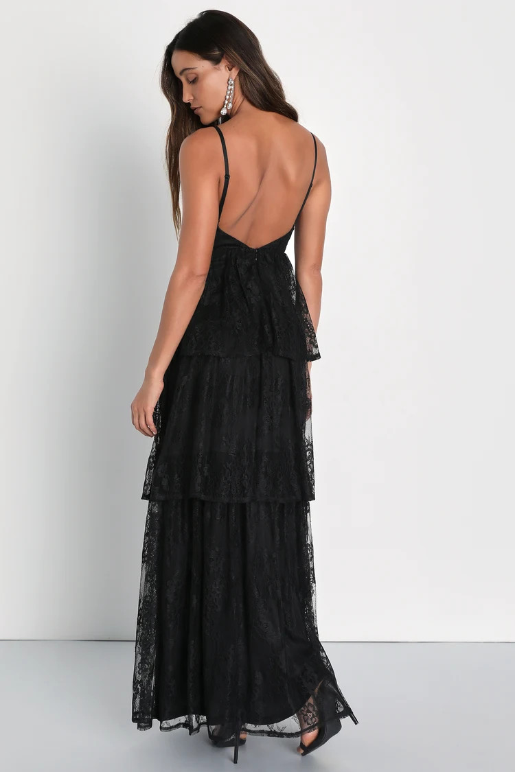 Tier I Go Black Lace V-Neck Sleeveless Tiered Maxi Dress | Lulus