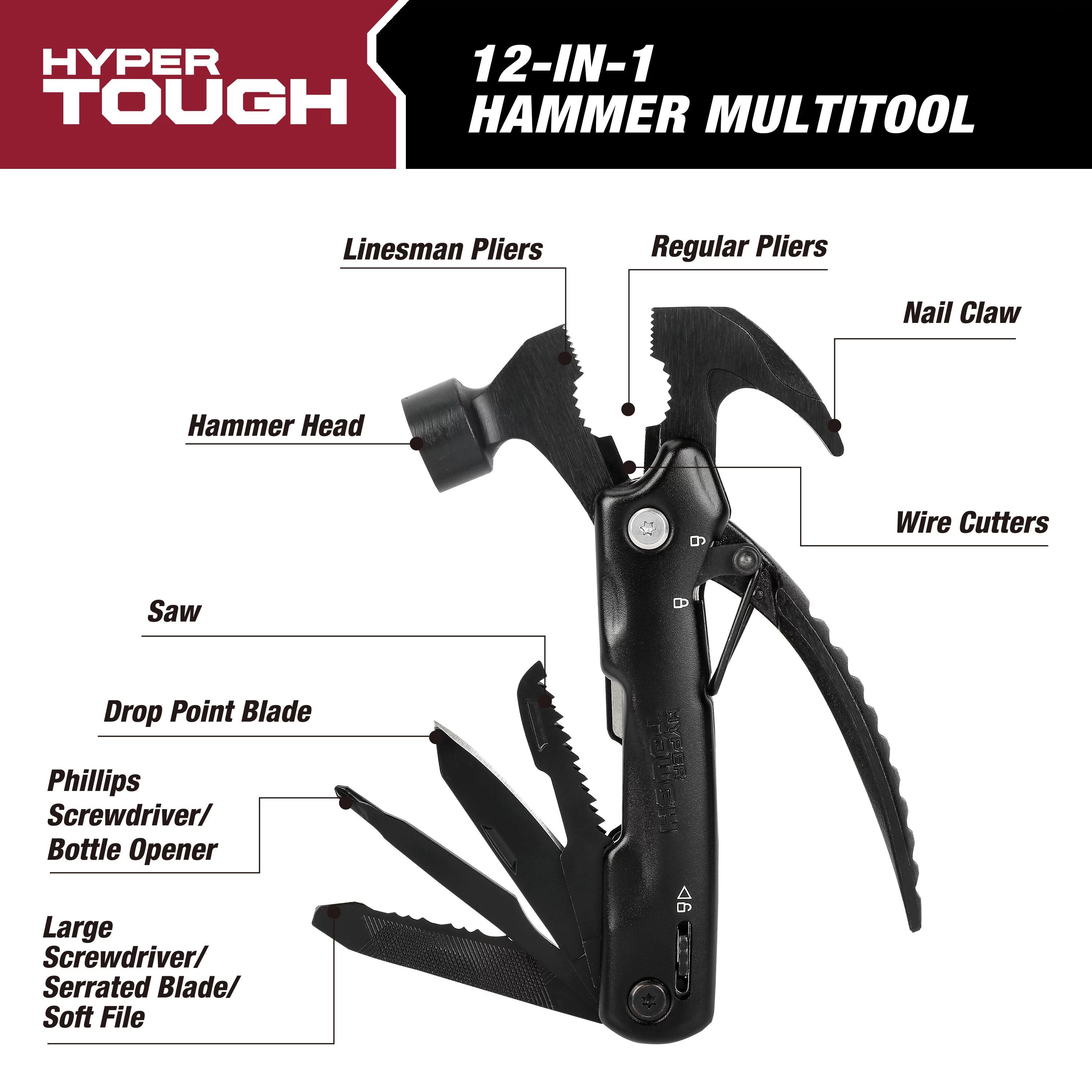 Hyper Tough 12-in-1 Hammer Multitool, Black, Model 42865 - Walmart.com | Walmart (US)