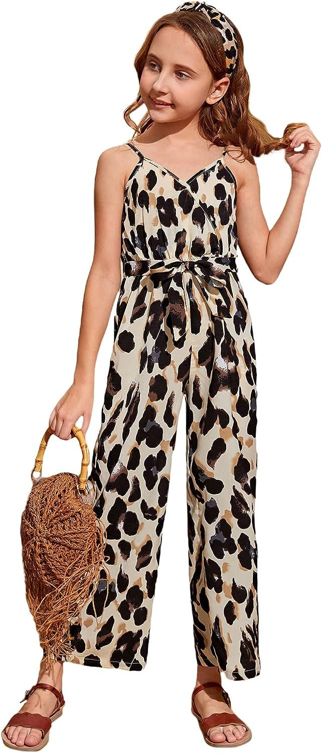 WDIRARA Girl's Leopard Print Spaghetti Strap Wrap V Neck Belted Cami Jumpsuit | Amazon (US)