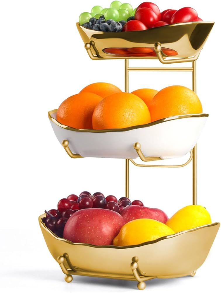 Fruit Basket for Kitchen Counter, 3 Tier Ceramic Serving Bowls with Metal Stand, Fruit Bowl for K... | Amazon (US)