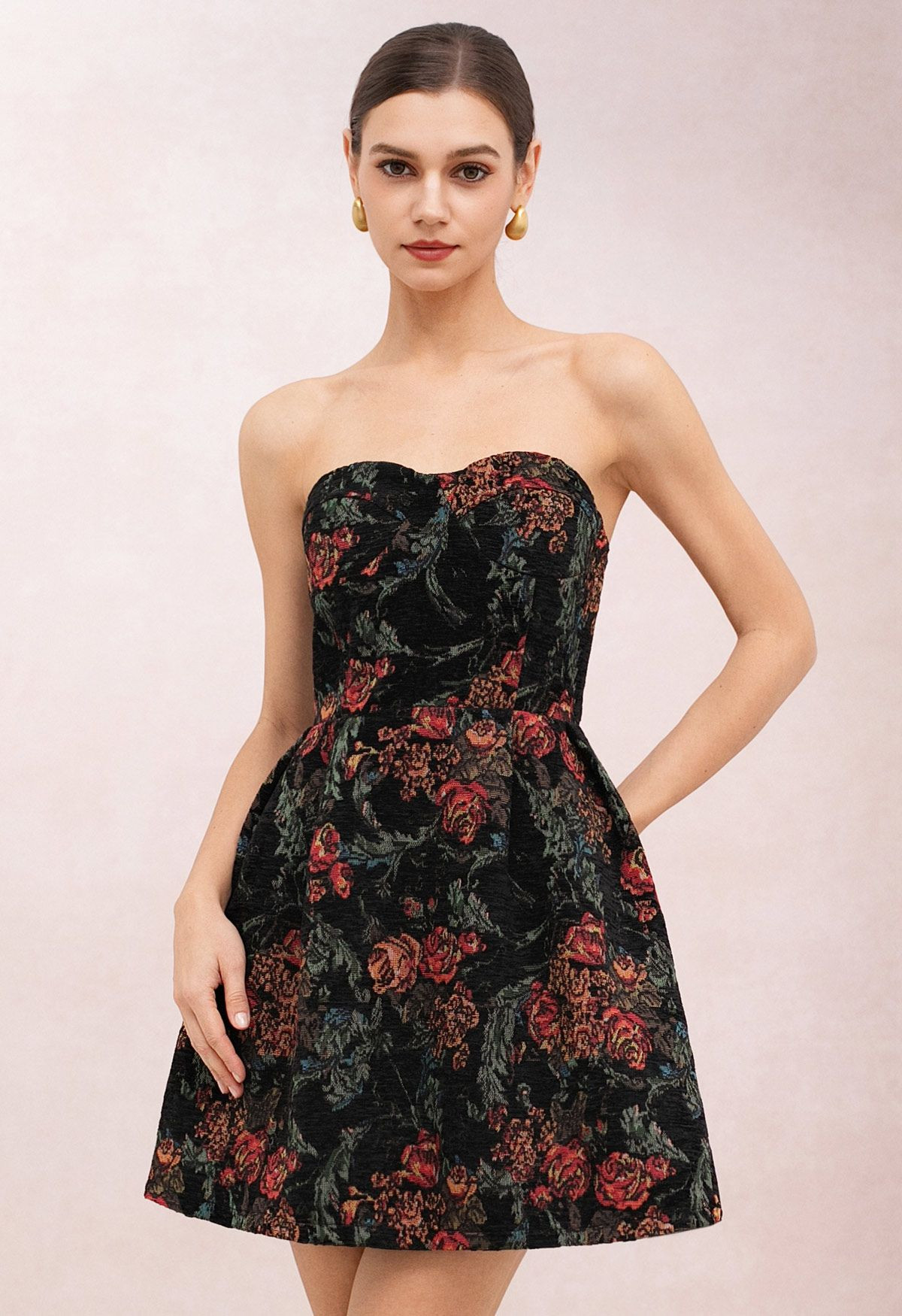 Antique Rose Jacquard Strapless Mini Dress for Concert Nights & Rooftop Parties | Chicwish