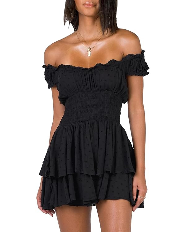 AOHITE Womens Summer Tube Top Dress Off-Shoulder Ruffled Flowy Mini Short Dresses | Amazon (US)