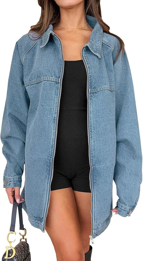 Tankaneo Womens Oversized Denim Jackets Casual Zip up Spring Long Sleeve Jean Jacket with Pocket | Amazon (US)
