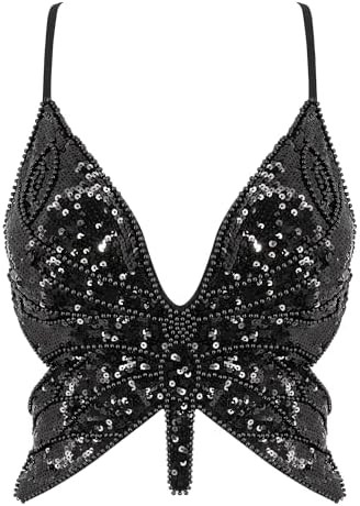 Mocure Womens Glitter Sequin Butterfly Crop Top Low-Cut Tank Top Rave Tube Vest Top for Belly Dan... | Amazon (US)