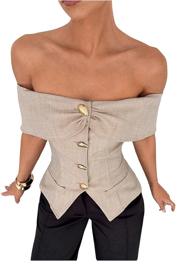 OYOANGLE Women's Metallic Button Up Off Shoulder Top Dressy Blouse Business Casual Outfits | Amazon (US)