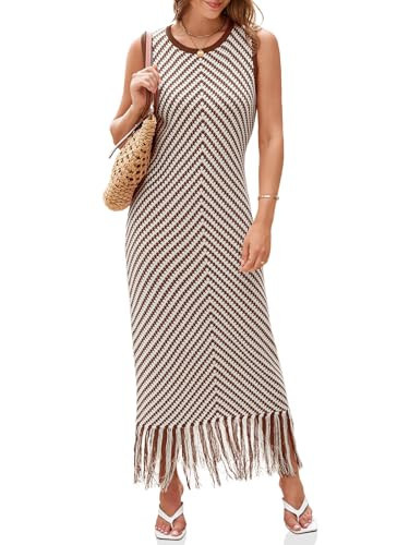 Wenrine Womens Summer Crochet Knit Dress Sleeveless Casual Striped Tassel Tank Sweater Boho Maxi Dresses Brown | Amazon (US)