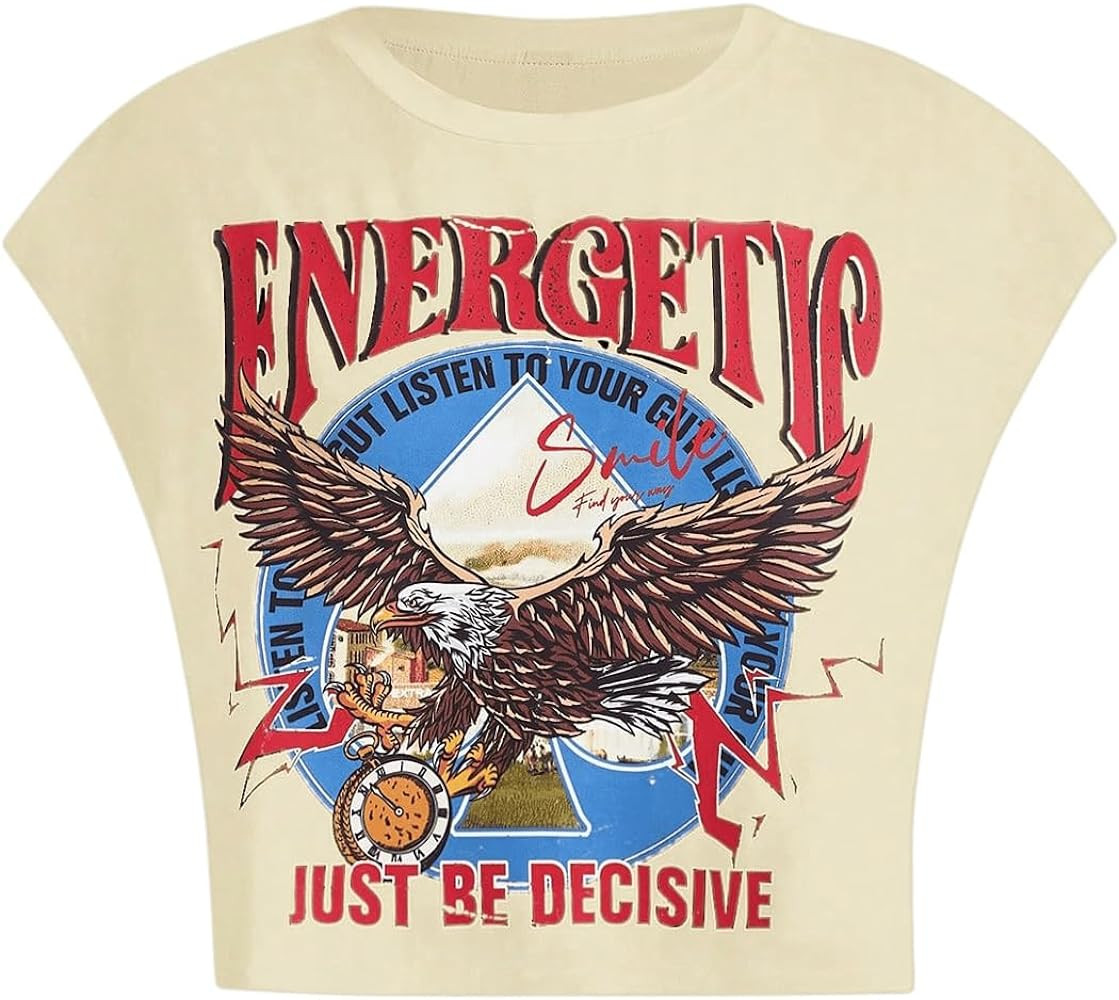 GORGLITTER Women's Graphic Print Cap Sleeve Crop Top Casual Round Neck Short Sleeve T-Shirt | Amazon (US)