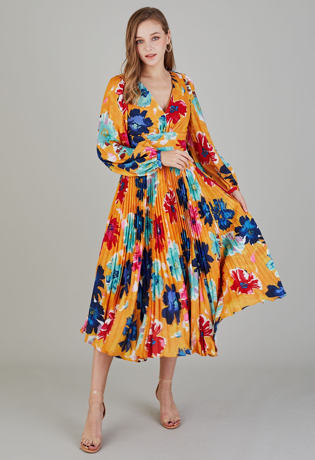 Orange Floral Cut Out Back Pleated Satin Dress | Chicwish