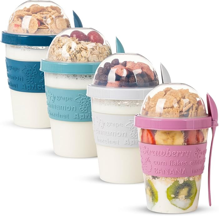 4 Pcs On The Go Cereal Yogurt Cups with Lids and Spoon, Overnight Oats Container, Reusable Parfai... | Amazon (CA)
