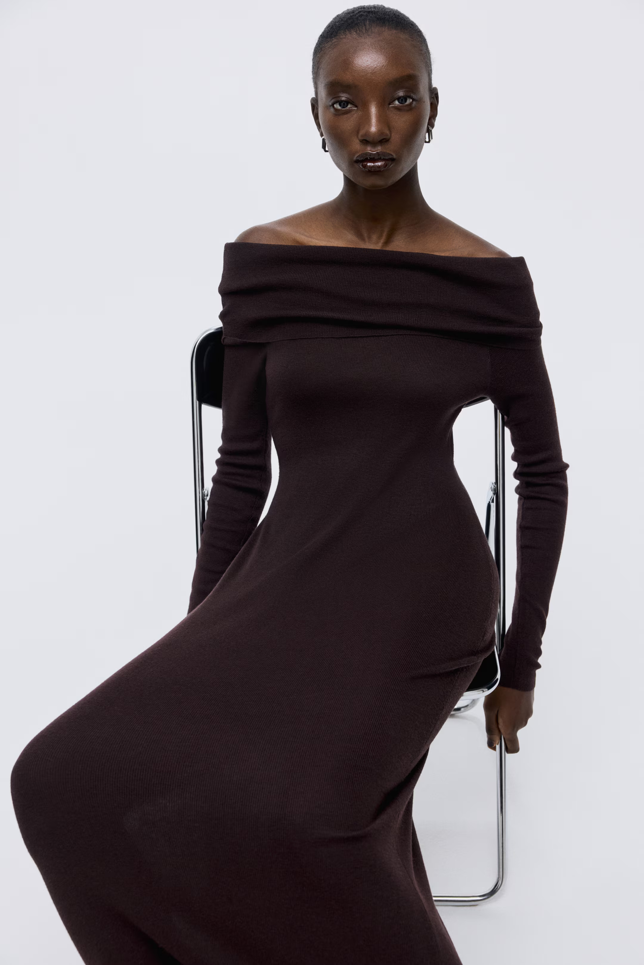 Off-the-Shoulder Dress - Dark brown - Ladies | H&M US | H&M (US + CA)