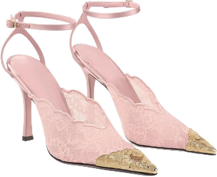Agodor Lace Wedding Pumps for Women Sparkly Metal Pointed Toe Slingback Stiletto High Heels Pumps... | Amazon (US)