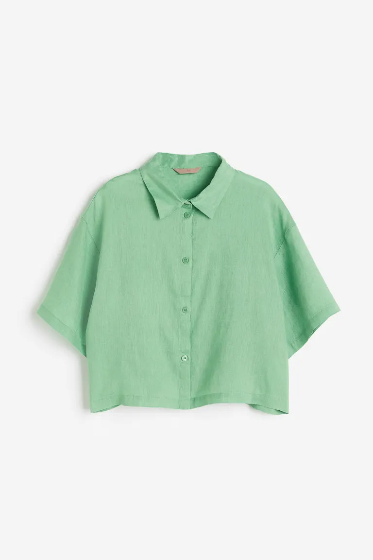 Chemise courte en lin - Vert - FEMME | H&M FR | H&M (FR, IT, ES, PT, BE)