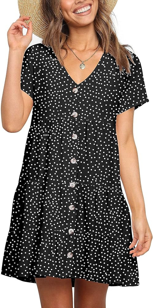 liher Women's Polka Dot V Neck Button Dress Summer Casual Loose Pleated Swing Dresses | Amazon (US)