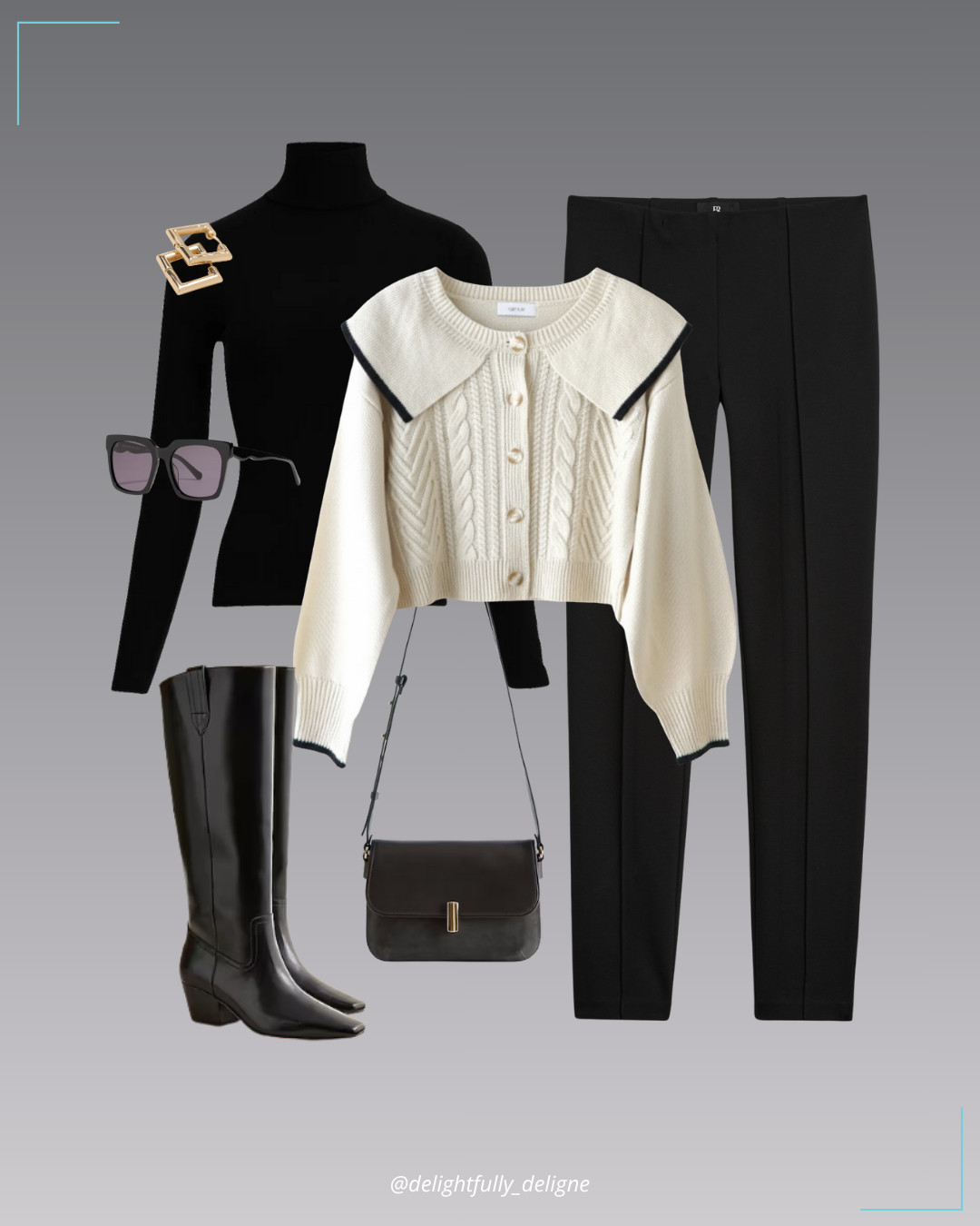 Equestrian Chic 🖤  Ribbed mock-neck tee, Peter Pan collar knit cardigan, ponte pants, leather knee-high boots, dual crossbody bag, square huggie earrings & oversized sunnies.   

 #LTKOver40 #LTKStyleTip #LTKWorkwear