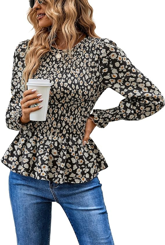 PRETTYGARDEN Women's Tops Casual Long Sleeve Crewneck Floral Print Smocked Ruffle Hem Slim Babydo... | Amazon (US)
