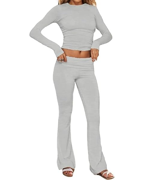 AnotherChill Women's 2 Piece Lounge Sets Fold-over Flare Pants Set Long Sleeve Cropped Top Casual... | Amazon (US)