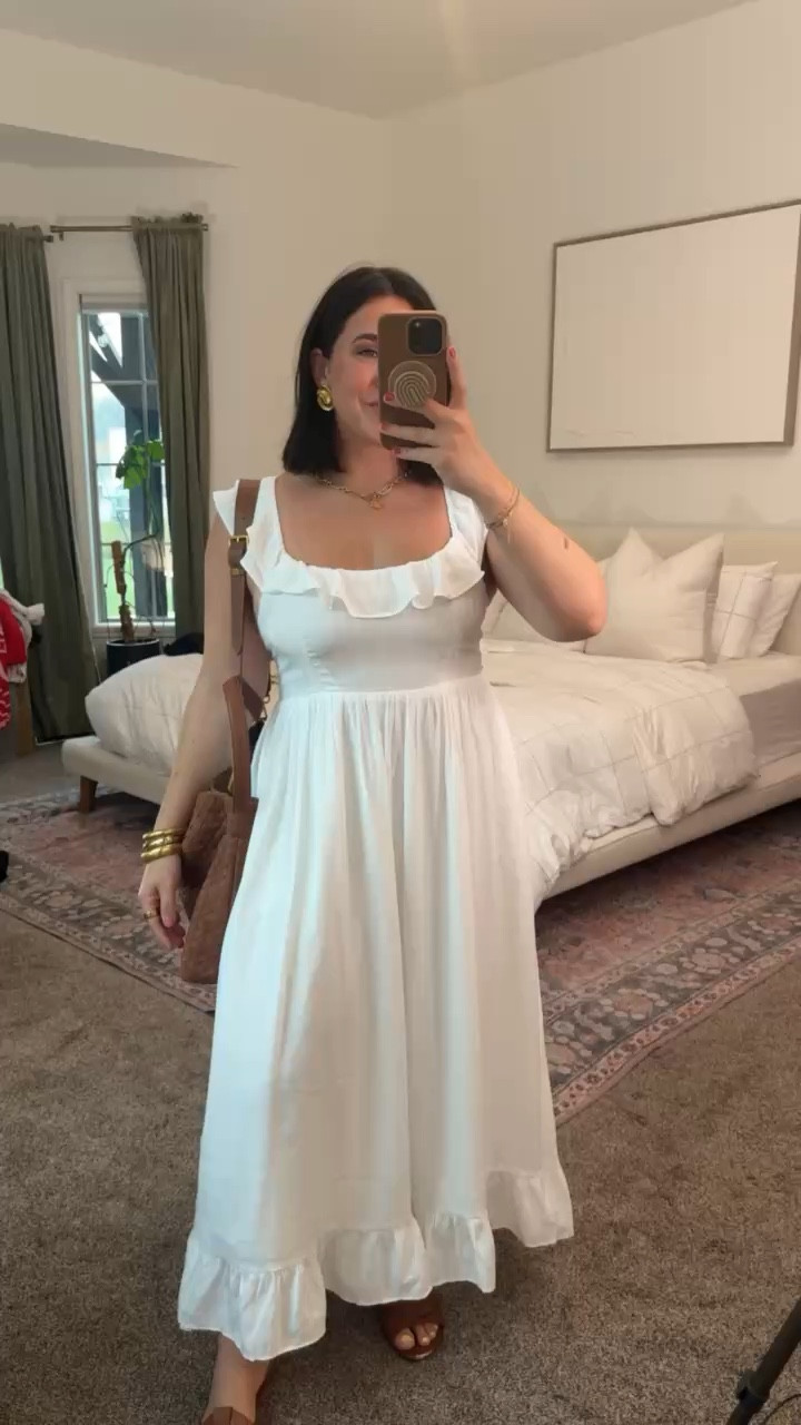 White dress size L but runs big I need a M, I’m wearing cakes. It is open in the back so beware of bra strap! The back ties so it’s adjustable support. Double lines. Jacket size L for oversized fit. Bag is suede. 

#LTKSeasonal #LTKMidsize #LTKootd
