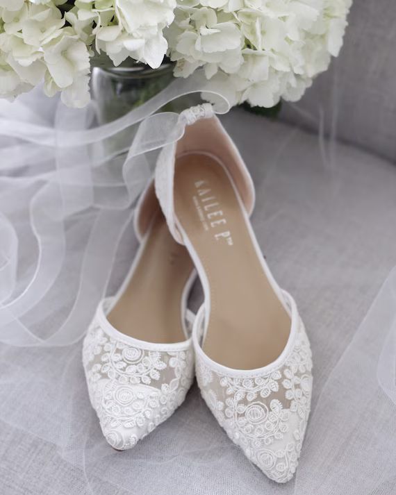 White Crochet Lace Pointy Toe Flats  Women Wedding Shoes | Etsy | Etsy (US)