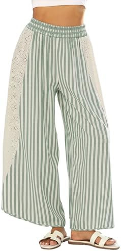 Athlisan Womens Summer Casual Loose Striped Wide Leg Lounge Pants Elastic Waist Palazzo Trousers | Amazon (US)