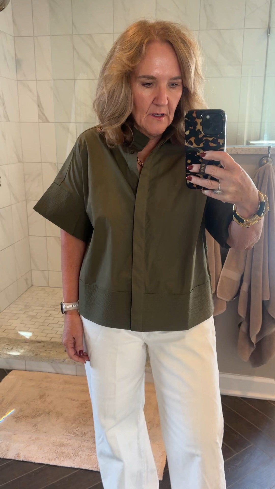 Sunday afternoon outfit. New top by Tuckernuck. It has the trapunto stitching, which is top stitching around the hem and the sleeves. Comes in multiple colors. I love this olive green. It’s perfect for a warm fall day or layering underneath a cardigan.

You aren’t gonna tuck this one in so if you like to wear your shirts, untucked this one’s 

My jeans are Ann Taylor. They’ve been since last winter. 

Jeans, fall blouse, fall outfit, olive blouse, white jeans

#LTKOver40 #LTKSeasonal #LTKMidsize