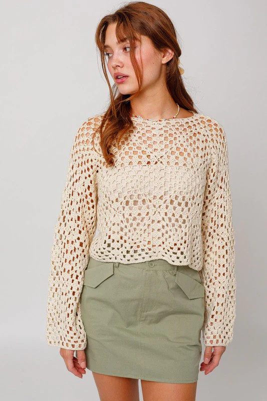 Judy Ivory Crochet Sweater | Boho Pink