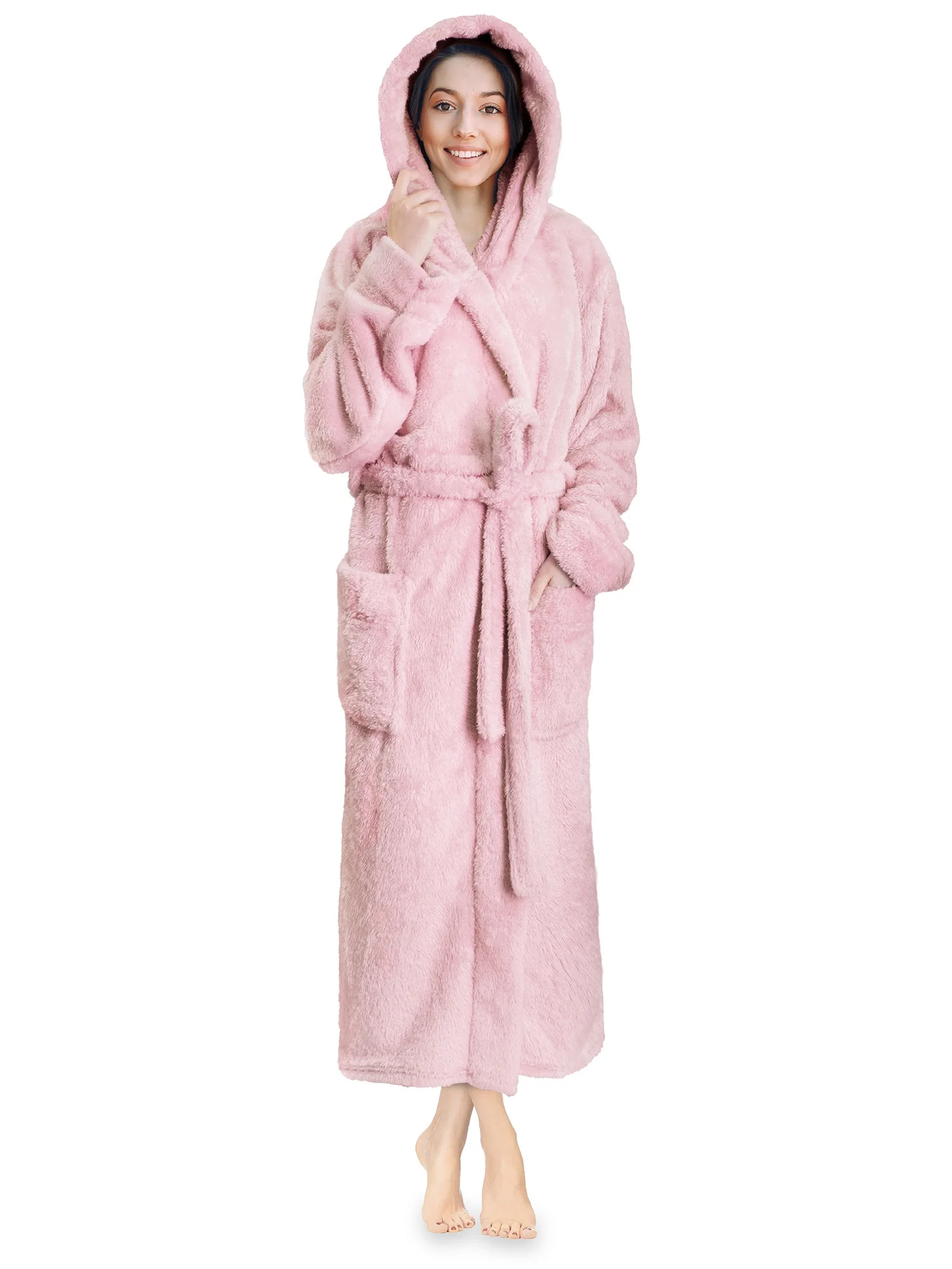 PAVILIA Women Hooded Plush Soft Robe | Fluffy Warm Fleece Sherpa Shaggy Bathrobe (S/M, Light Pink... | Walmart (US)