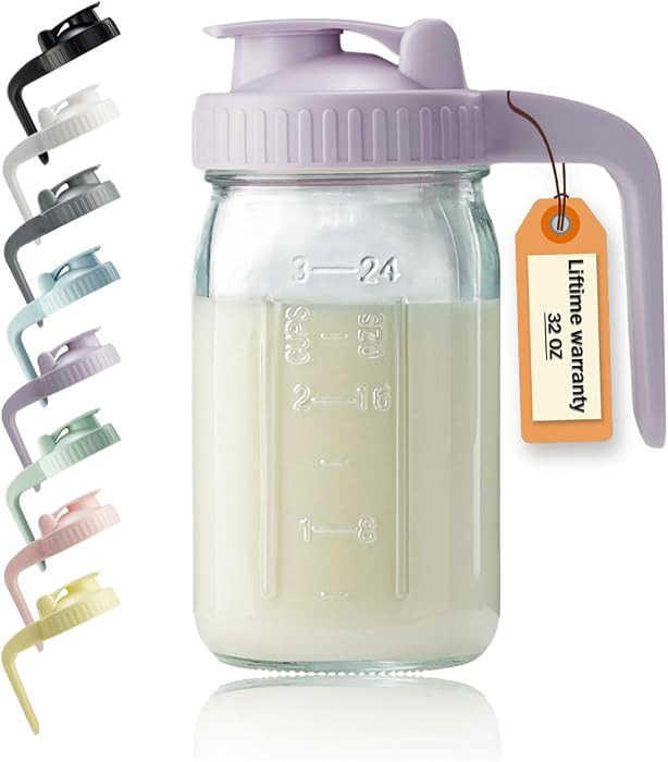 32oz Glass Pitcher with Lid & V-shaped Pour Spout - 1 Quart Breastmilk Pitcher Double Leak Proof,... | Amazon (US)