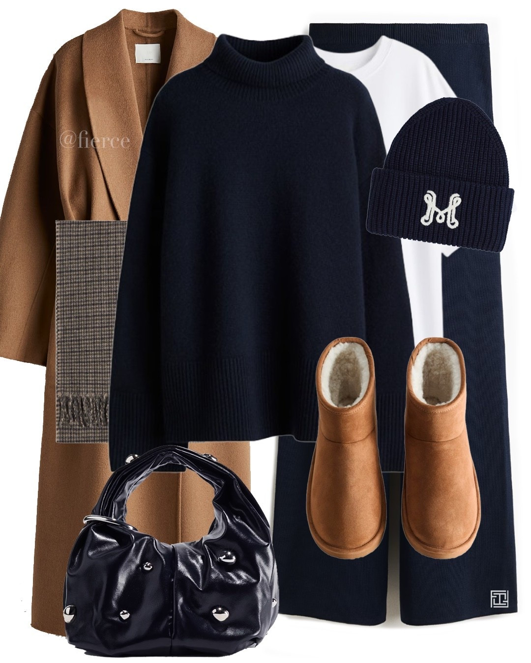Navy blue jumper navy knitted trousers  brown warm lined Ugg style boots check scarf navy blue beanie hat brown belted wool coat navy stuffed shoulder bag 

#LTKuk #LTKwinter #LTKeurope
