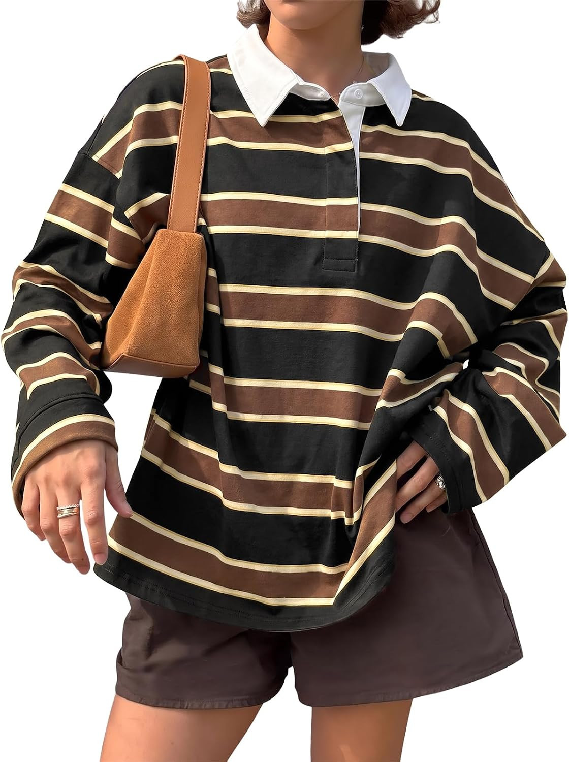 Tankaneo Womens Oversized Striped Long Sleeve Polo Shirts Fall Tops 2026 | Amazon (US)