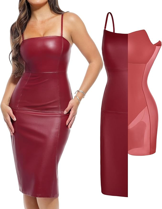 Popilush Leather Dress for Women Shapewear Slimming Midi Dress Side Zipper Square Neck Bodycon fo... | Amazon (US)