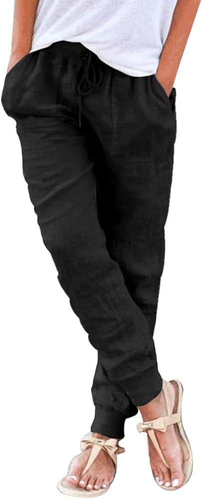 Puimentiua Womens Tapered Pants Cotton Linen Drawstring Back Elastic Waist Pants Casual Trousers ... | Amazon (US)