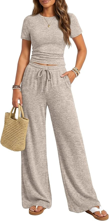 Trendy Queen Womens 2 Piece Lounge Matching Sets Wide Leg Pants Crew Neck Short Sleeve Shirt Swea... | Amazon (US)