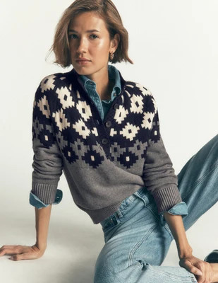 Lara Cotton Button Neck Jumper-Grey Marl, Fair Isle | Boden (US)