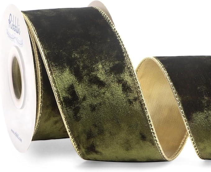 Ribbli Olive Green Velvet Wired Ribbon 2.5 Inch Metallic Olive Green Crushed Velvet Christmas Rib... | Amazon (US)