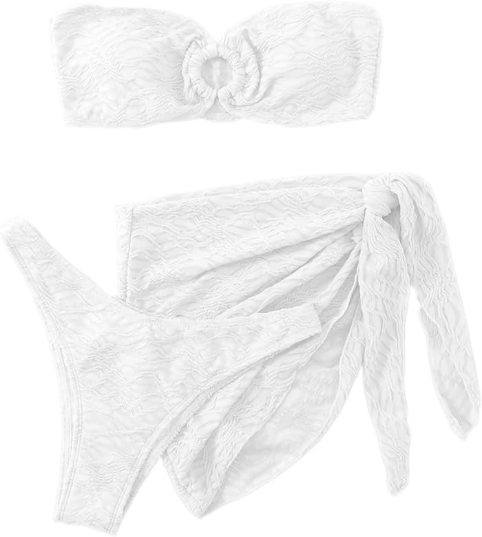 MakeMeChic Women's 3 Piece Swimsuit Ring Linked Bandeau High Cut Bikini with Cover Up Skirt Set | Amazon (US)