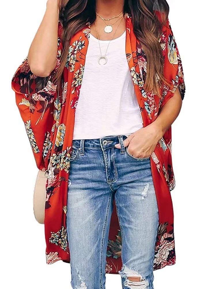 EZBELLE Womens Floral Print Kimono Cardigan Casual Sheer Chiffon Beach Cover Up Blouse | Amazon (US)